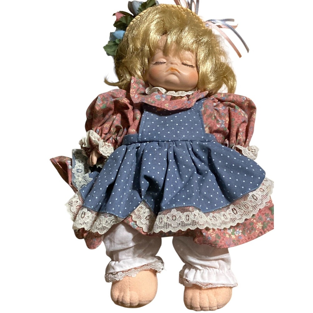 House Of Lloyd Pouting Pretty Girl Porcelain Doll Straw Hat Polka Dot Dress